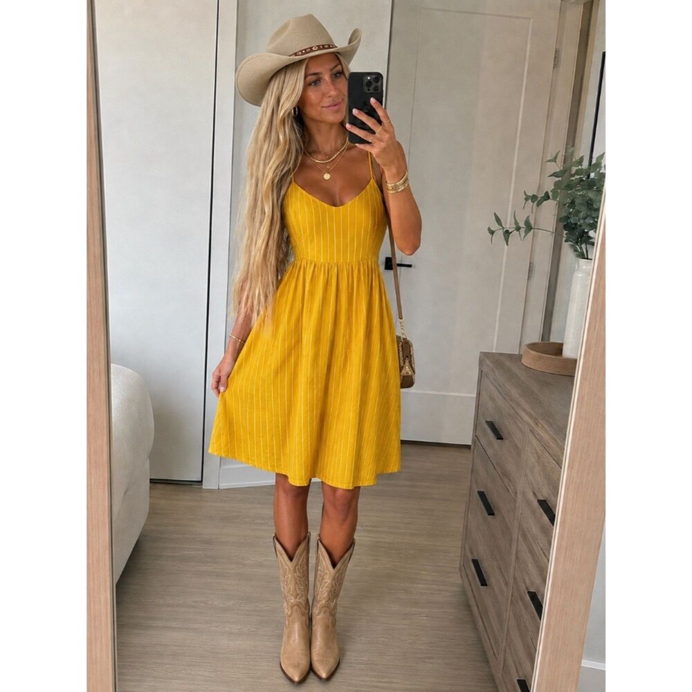 Old Navy Yellow White Pinstripe Cotton Fit & Flare Dress L Coastal Cow Girl